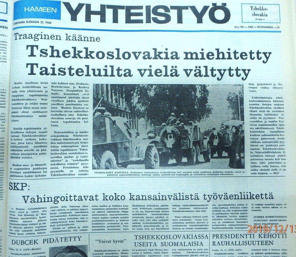 Hämeen Yhteistyön 22.8.68 etusivu