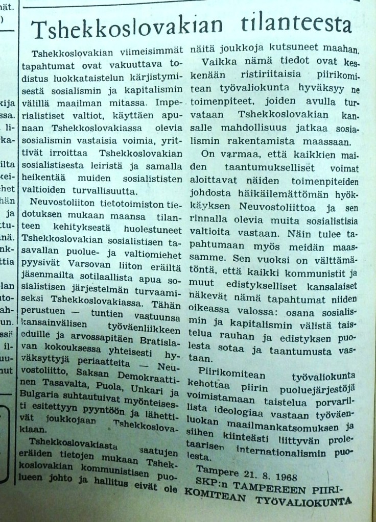 HY. SKP:n Tampereen piiikomitrean työvaliokunta, Tshekkoslovakia 12.8.1968